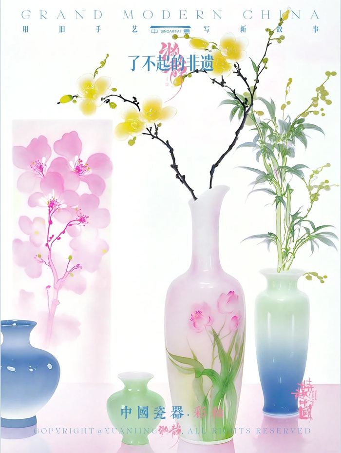 了不起的非遗彩釉与花影共舞by渊静aigc