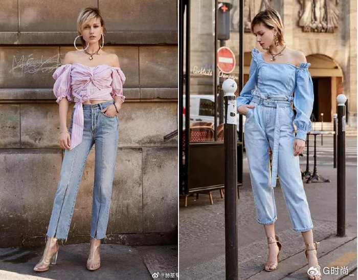 黑色的t恤搭配上高腰牛仔裤,搭配一双亮色的一字带高跟鞋,无论是