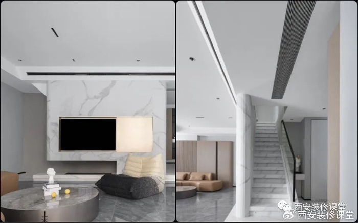 直接利用楼梯下方背景做电视墙布局,悬空隔板以及收纳柜满