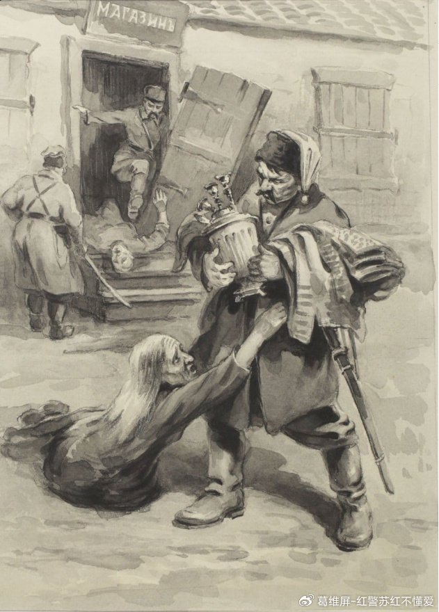 上图为彼得留拉士兵抢劫,屠杀犹太人的场面,前后景相呼应,揭示了屠犹