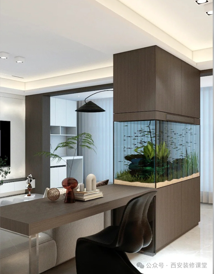 转角镶嵌鱼缸,颜值非常高利用沙发背后墙体嵌入鱼缸,背后收纳柜刚好