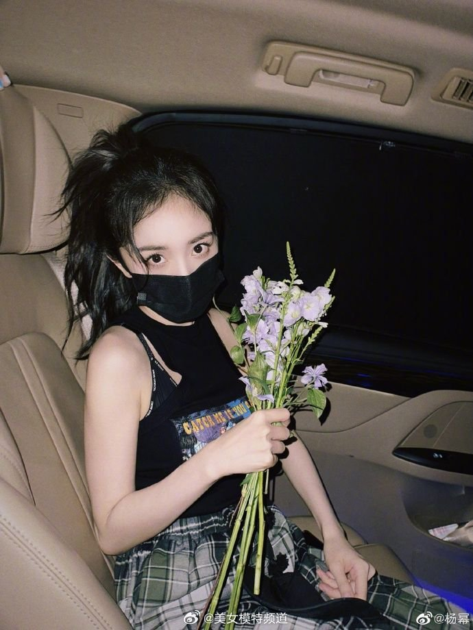 杨幂晒车内随拍九宫格捧花束扎少女高马尾元气满满