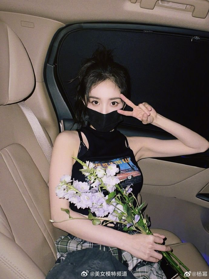 杨幂晒车内随拍九宫格捧花束扎少女高马尾元气满满
