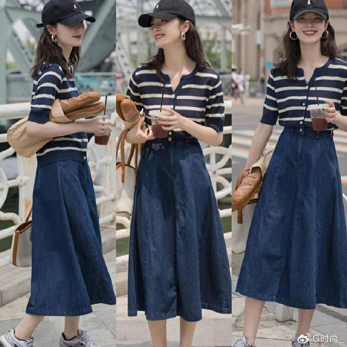 夏天的牛仔半身裙确实美搭配简单不说轻松塑造大长腿