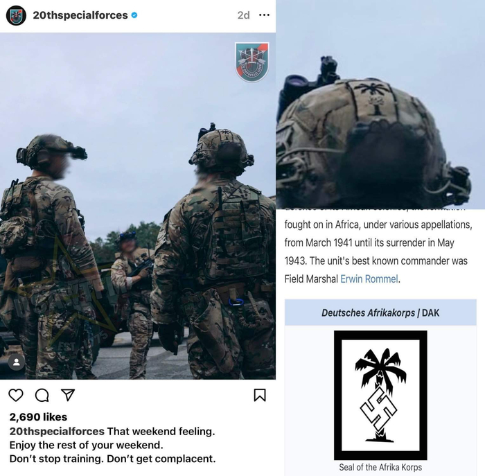 一名美军特战部队士兵在头盔上佩戴二战纳粹德国非洲军团的标志