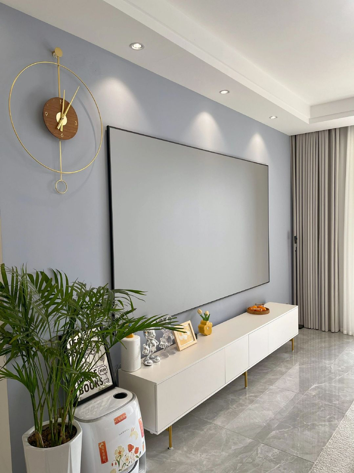 晨阳水漆浅灰色客厅背景墙亮星灰搭配灰蓝涌泉蓝简约大方温馨|背景墙