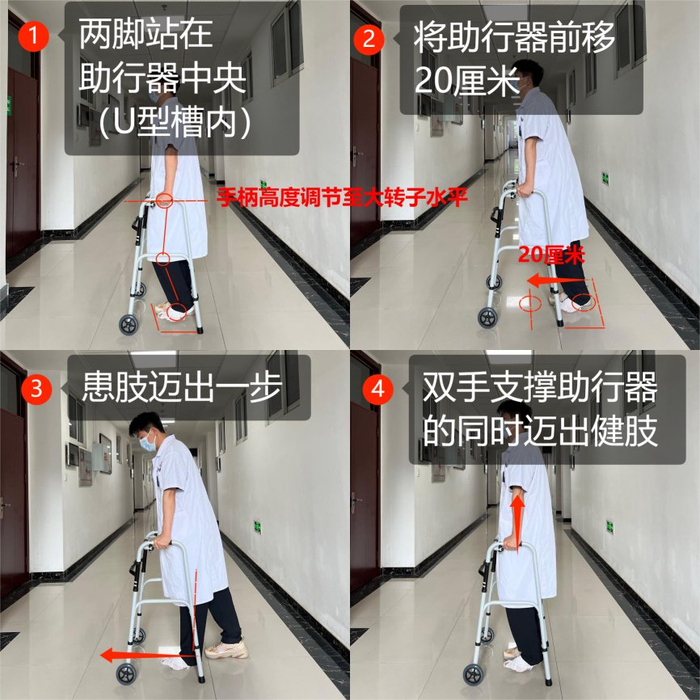 3,坐下和起身方法(1)坐下步骤:慢慢后移,直至双脚接触椅边,按着椅边扶