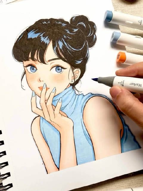 水彩软笔画漫画少女!