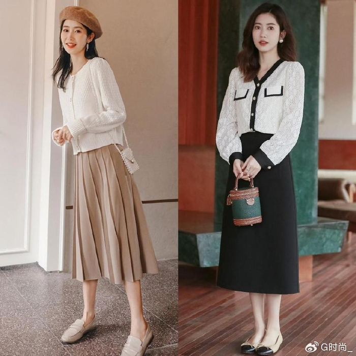 如果是作为日常穿搭,我更推荐针织开衫 半身裙的搭配.