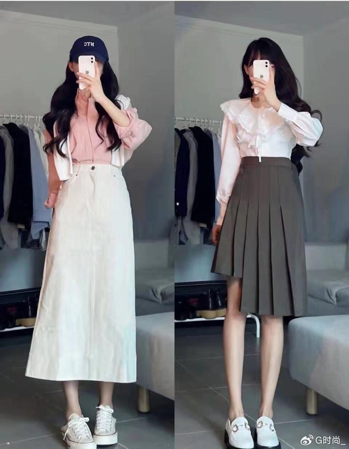 粉色的衬衫用白色的披肩做点缀,下半身则是搭配了高腰的白色直筒裙