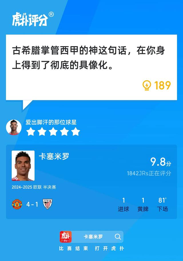 卡塞米罗打进一球吃到一张黄牌，赛后收获9.8的虎扑评分！
