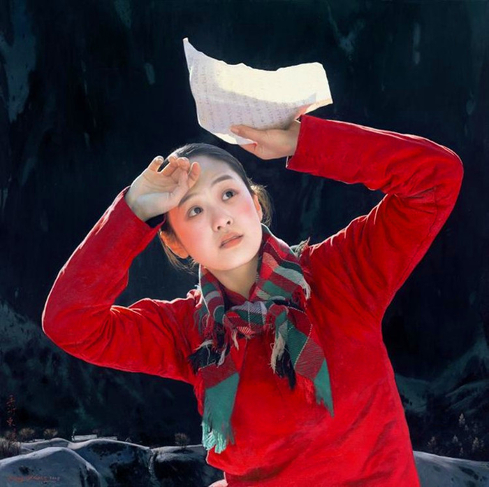 喜庆的中国红,王沂东红衣女子油画,美!