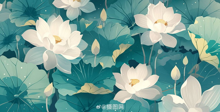 插画设计 | 梦幻唯美卡通荷花手绘风插画 版权素材 by 摄图网