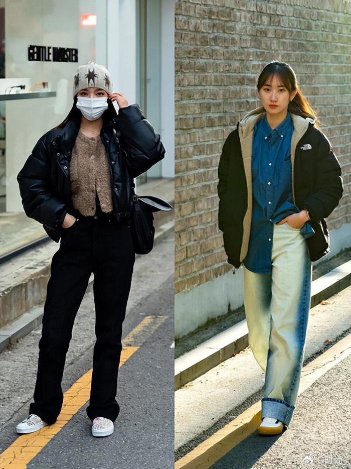 第二部分,棉服的时尚穿搭棉服配牛仔裤,很经典很时髦,在日常生活中