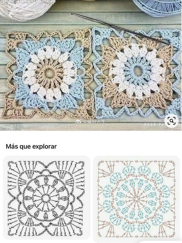 9款浪漫清新花朵图案钩针单元花,造型别致,色彩柔和