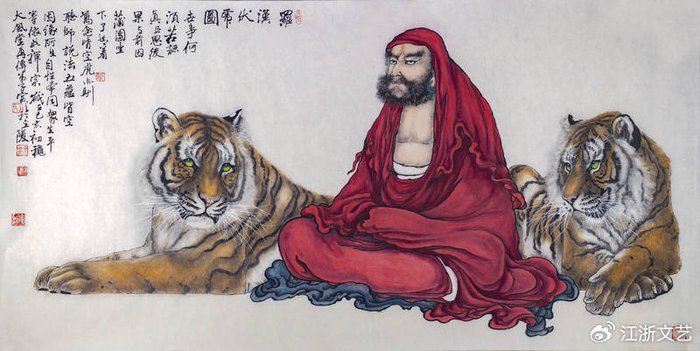 王寅之国画《罗汉伏虎图》作品欣赏