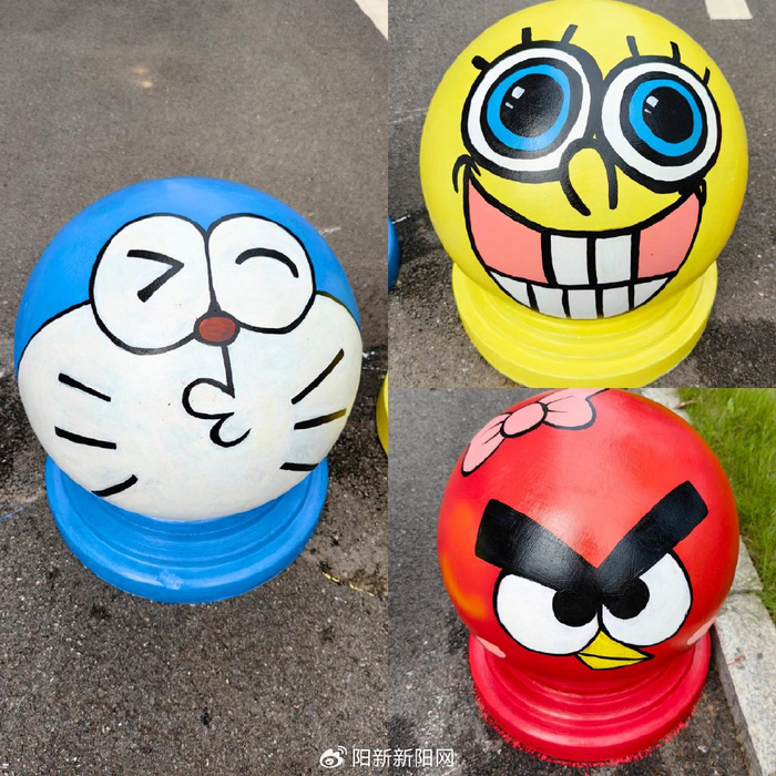 闰光小学石墩创意彩绘设计分为戏剧熊猫,创意水果,萌趣卡通三个系列