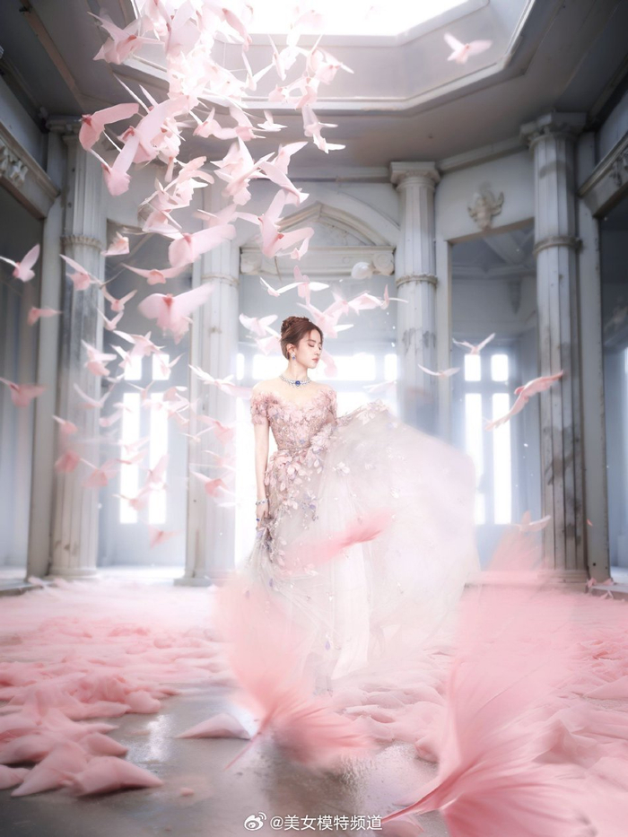 刘亦菲穿粉色羽毛一字肩长裙 盘发造型气质温婉似公主