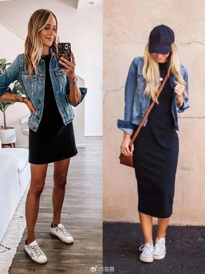 喜欢赫本风格的姐妹,也可以选择各式各样的小黑裙与牛仔外套搭配,身材