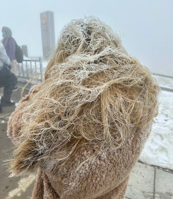 看到有网友说去长白山头发都冻成了冰条