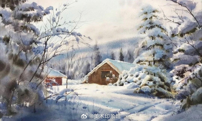 水彩画里的雪景罗怀博绘