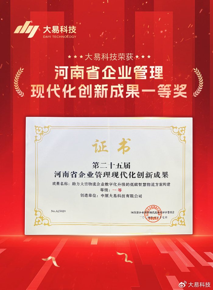 大易科技荣获河南省企业管理现代化创新成果一等奖