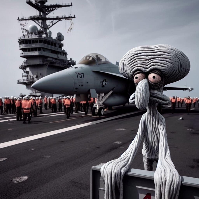 在航母上修飞机的章鱼哥看起来不是很开心