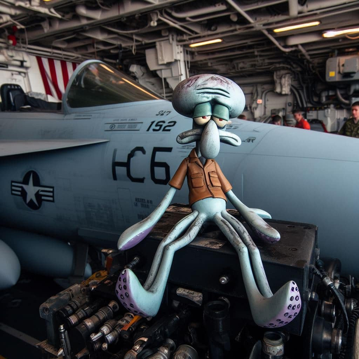 在航母上修飞机的章鱼哥,看起来不是很开心