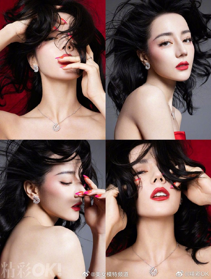 迪丽热巴穿红色长裙精致美艳小臂纤细肤白唇红气场强大