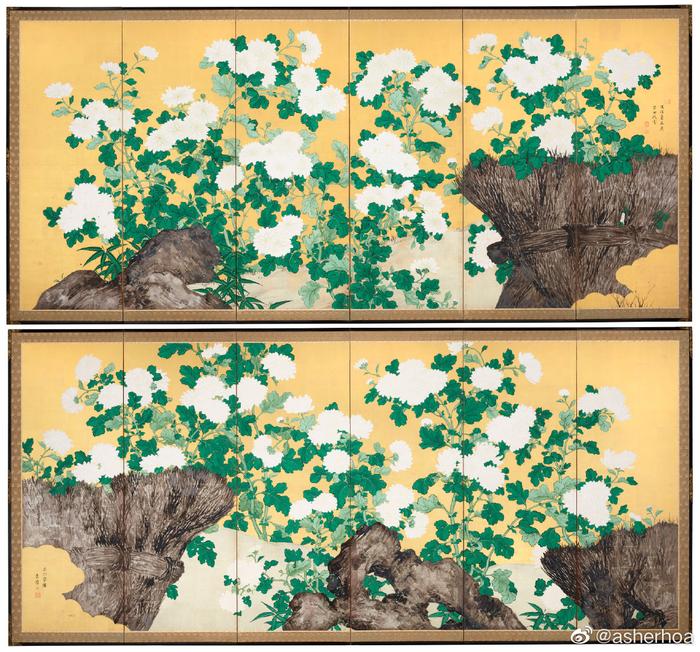 日本画家望月玉蟾（1794-1852）的作品《菊与岩》
