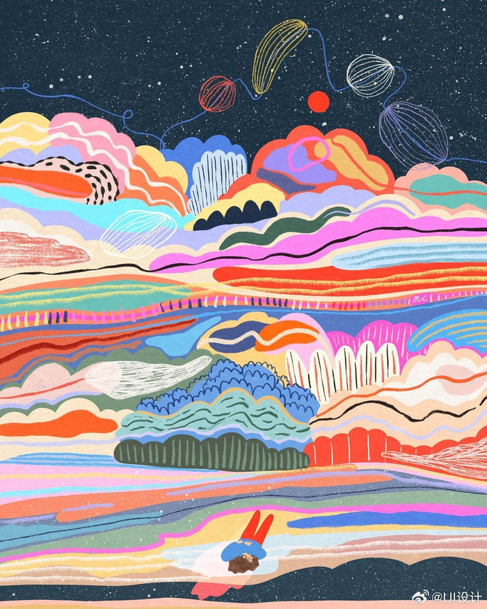 学配色色彩缤纷的明亮风景插画作品