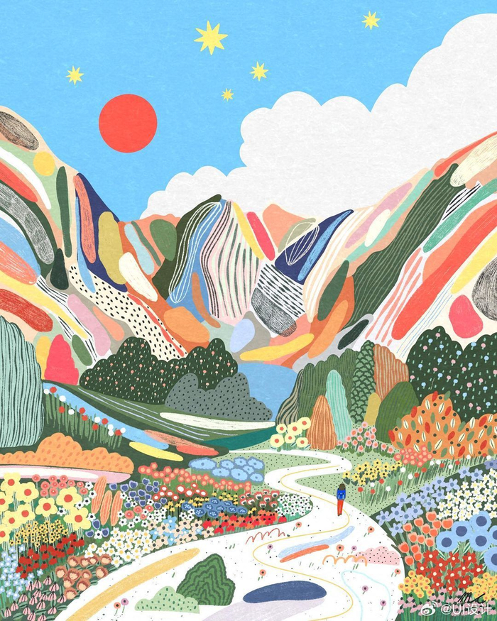 学配色色彩缤纷的明亮风景插画作品