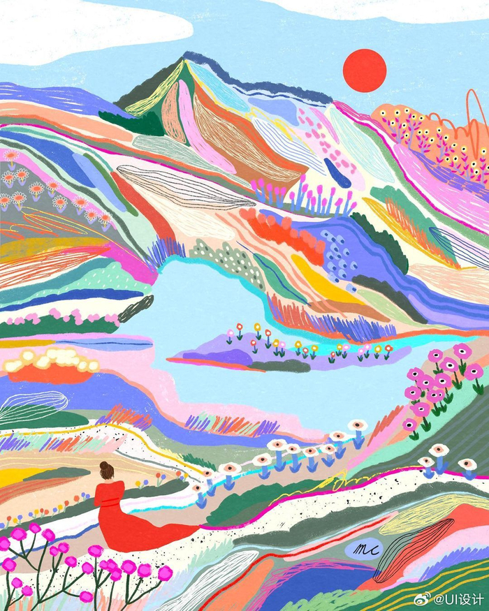 学配色色彩缤纷的明亮风景插画作品