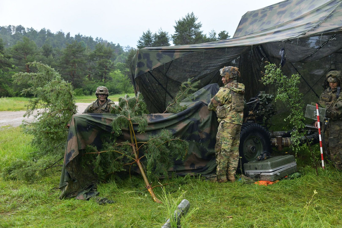 第4营a炮兵连的美国陆军伞兵用树枝搭起伪装