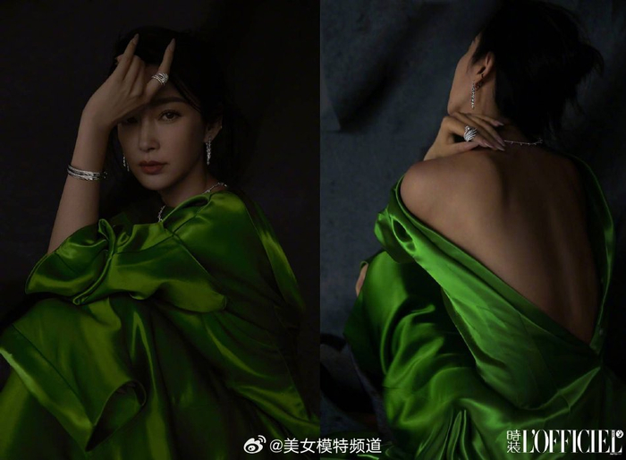 李冰冰丝绸之路大片穿绿色丝缎裙露香肩美背韵味足