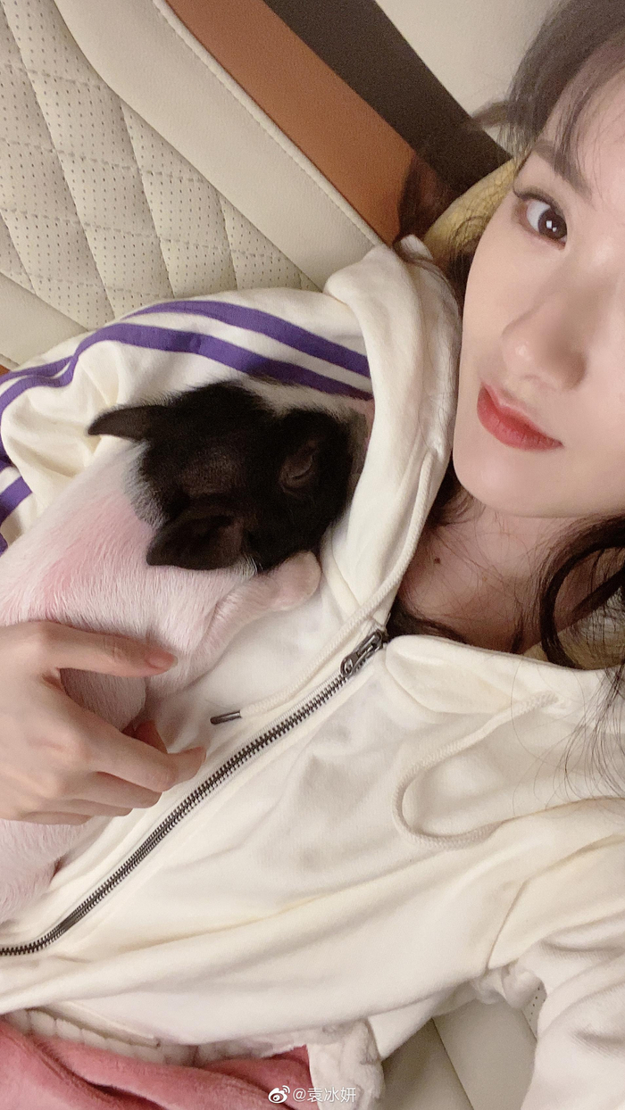 袁冰妍发博晒出和小粉猪的自拍……