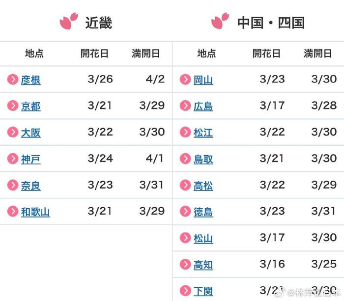 最新的日本各地樱花开花时间公布了