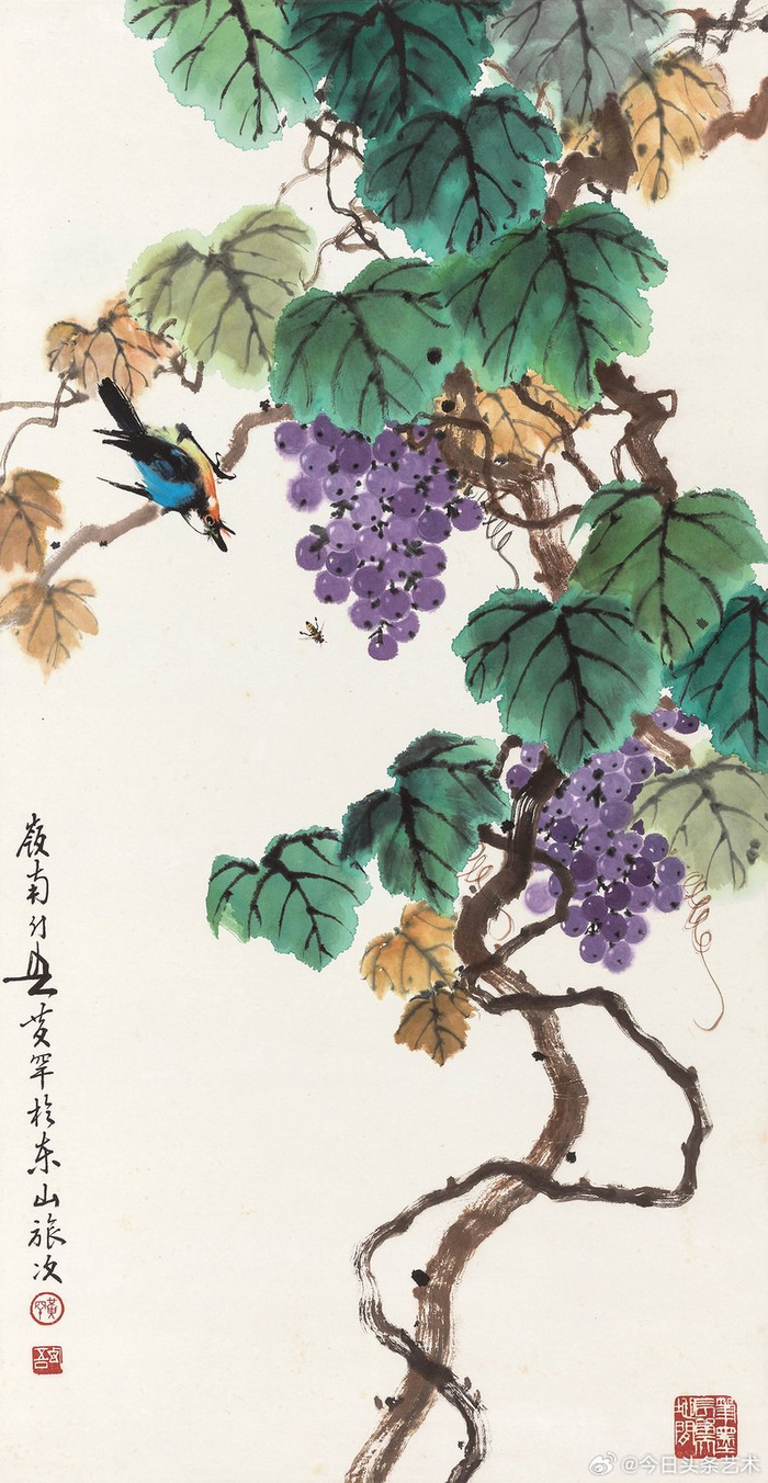 画家黄幻吾笔下的葡萄小鸟