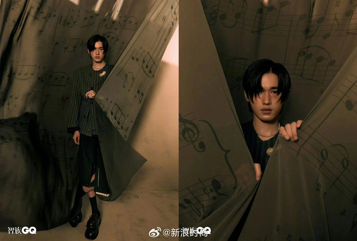 tnt时代少年团登封gq 五月刊,全员黑色西装搭配白色假领,赤脚造型上阵