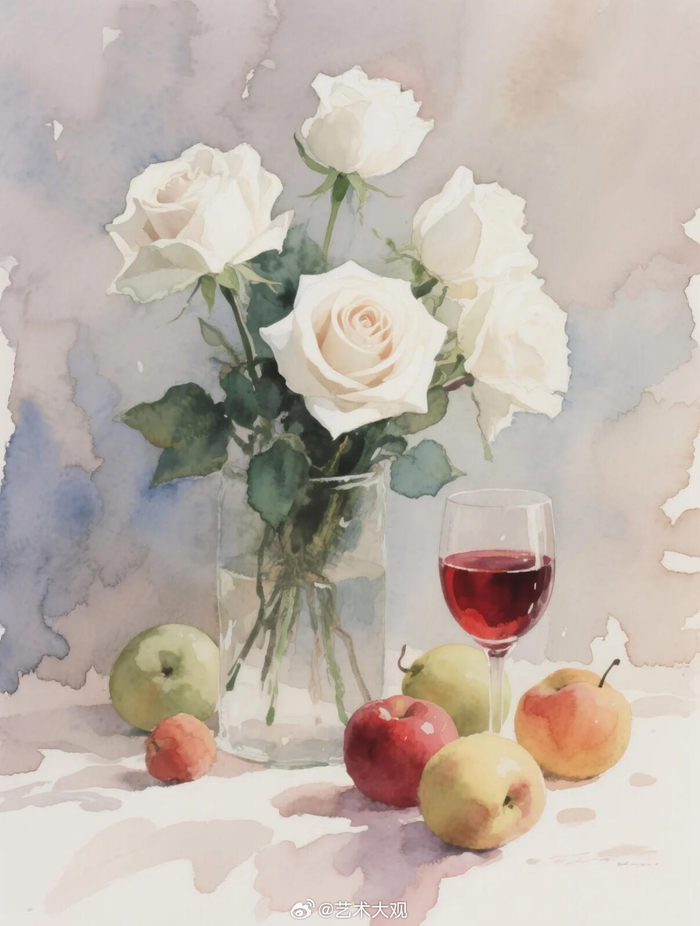 白色玫瑰花水彩静物ai绘画参考素材