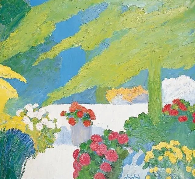 春日气象蓝天白云绿树红花插画师罗杰穆尔