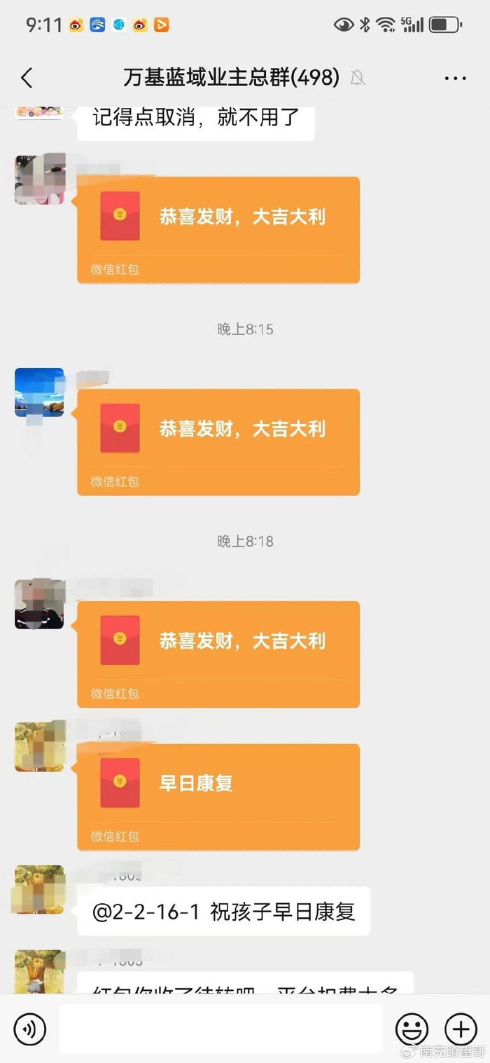 随后的随后,这个叫做"万基蓝域业主总群"的"红包雨"就不断地下了起来