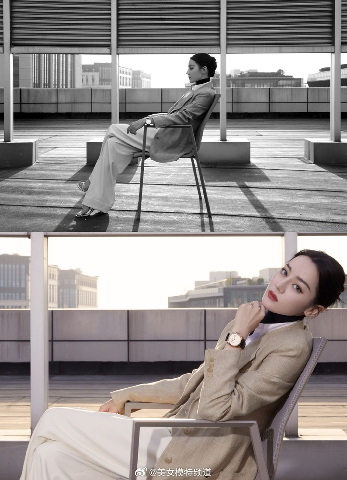 迪丽热巴素色西服大片又美又a红唇盘发秒变干练女强人