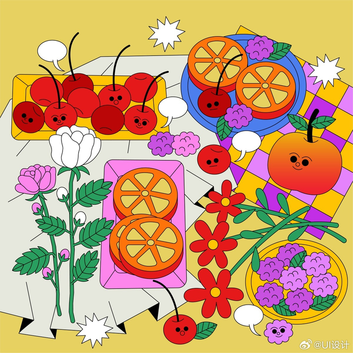 个性鲜明高饱和美食描边插画作品