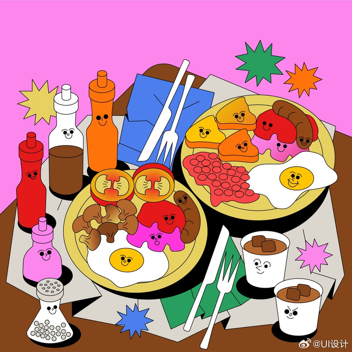 个性鲜明高饱和美食描边插画作品