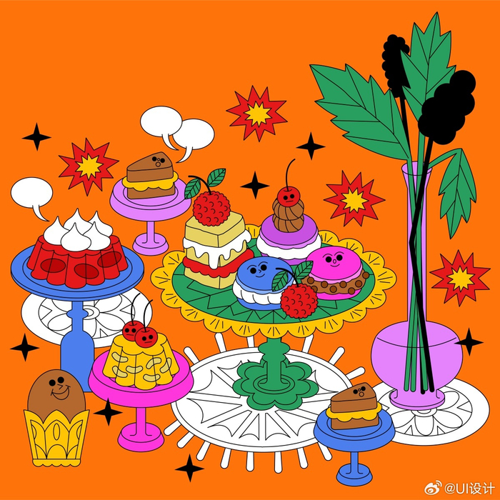 个性鲜明高饱和美食描边插画作品