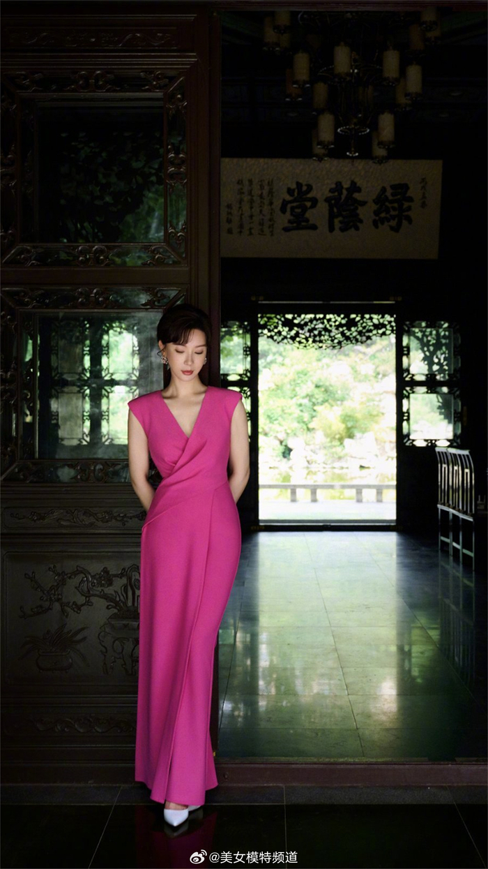 陈数玫瑰色长裙优雅写真