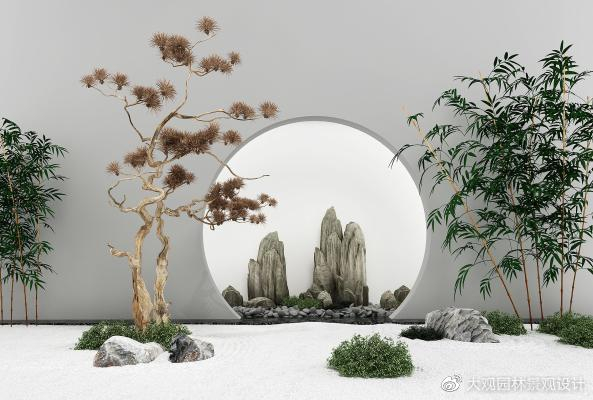 中式旱景,多以雪浪石为假山景观,常与万年青,冬青等常绿植物为组合;或