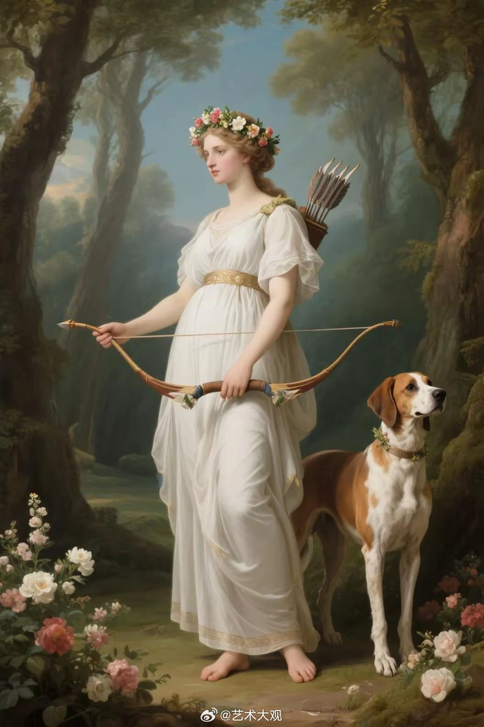 ai制作的古典油画风格狩猎女神图片