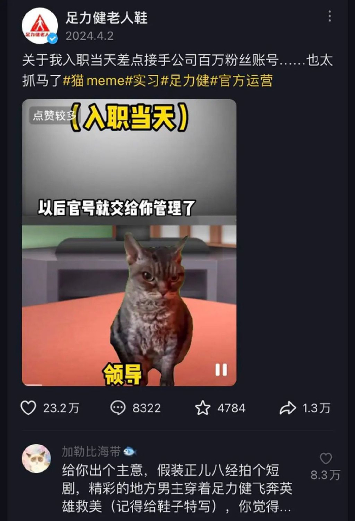 4月2日,抖音账号"足力健老人鞋"发布了第一条视频,以猫meme的形式讲述